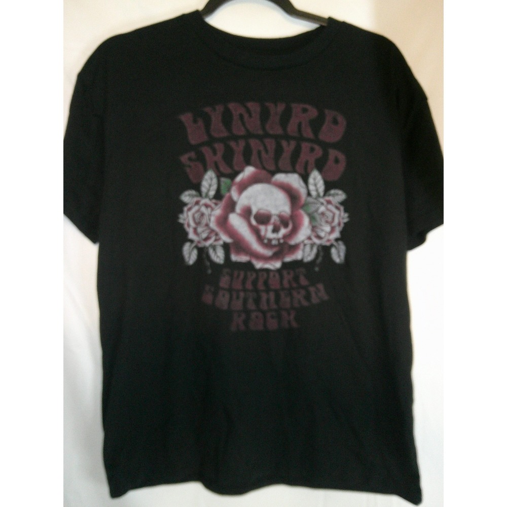 Lynyrd Skynyrd T Shirt Medium‎ Black Support Southern Rock Band Skull Rose